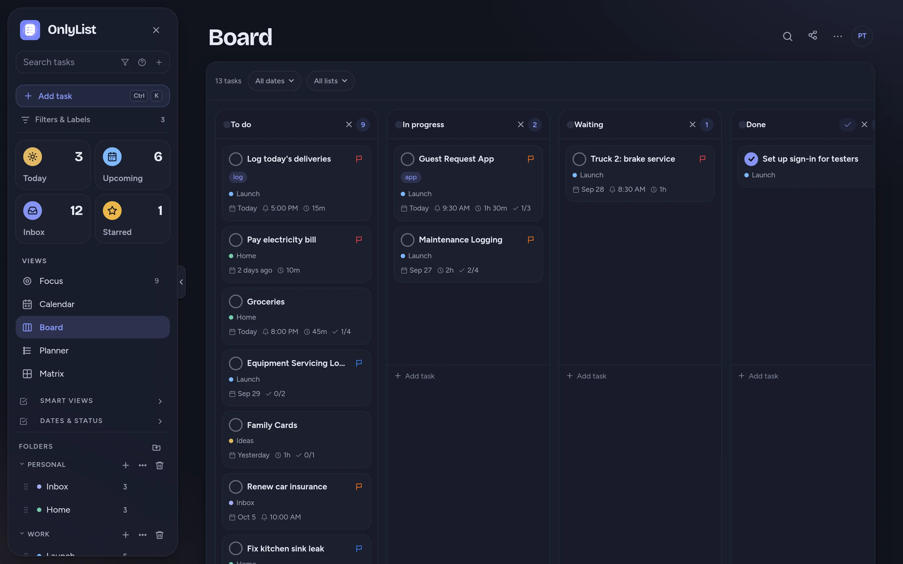 The Board view in dark mode