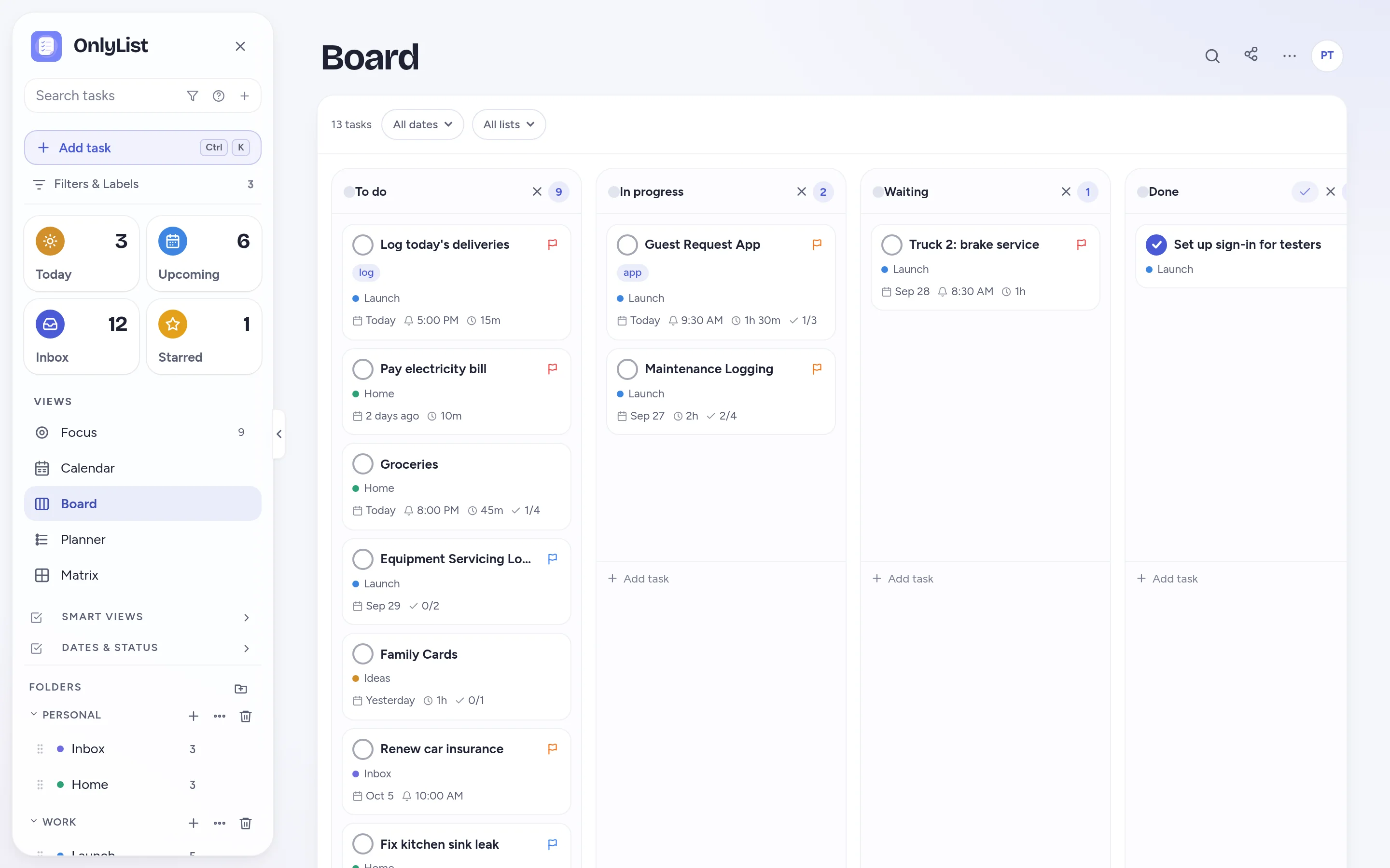 Board view with To do, In progress, Waiting and Done columns