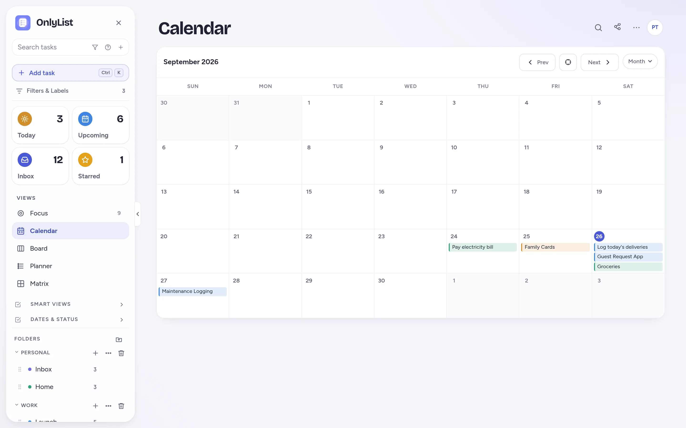 Month calendar with tasks shown on their due dates