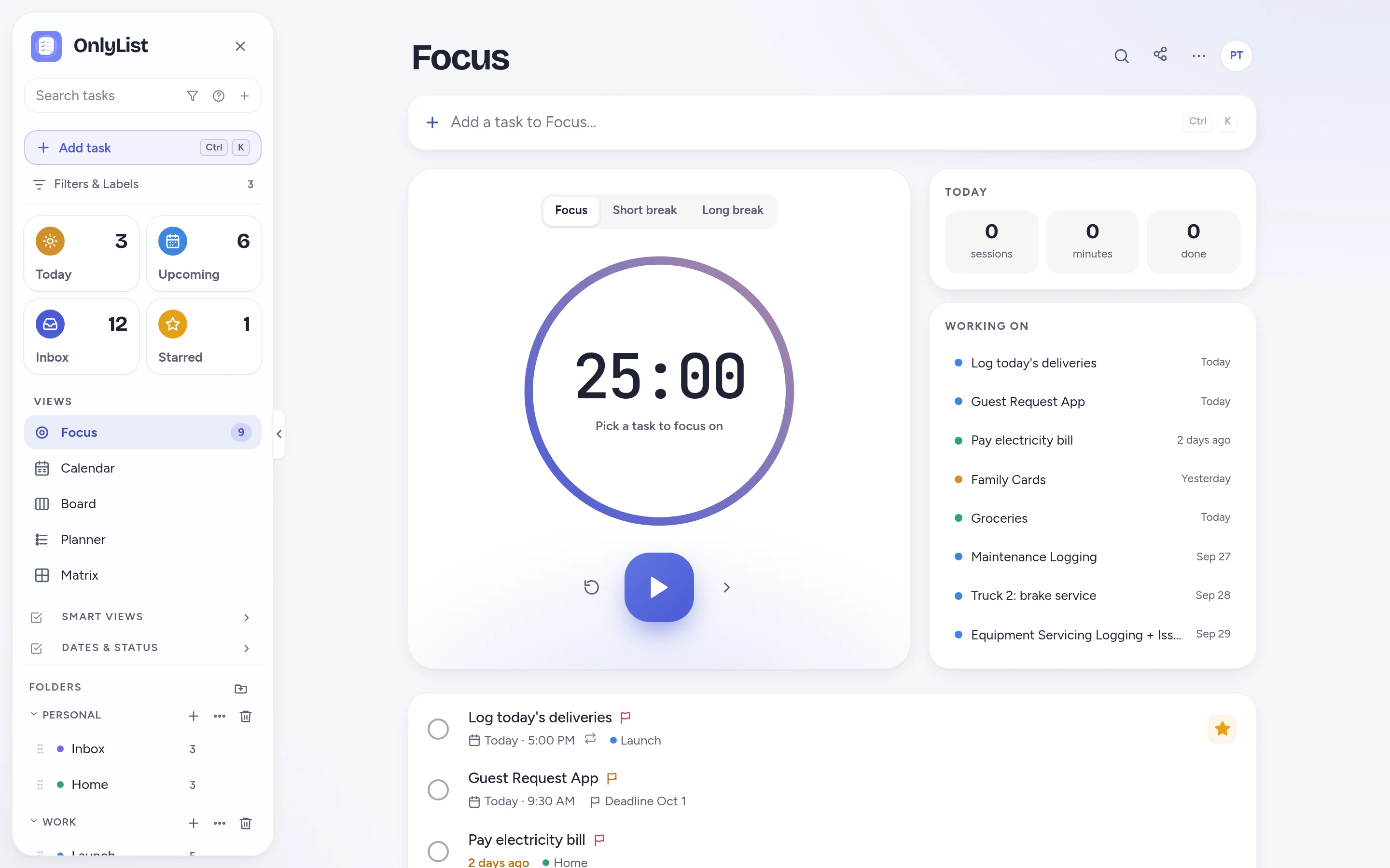 Focus view with a 25 minute timer and the list of tasks to work on today