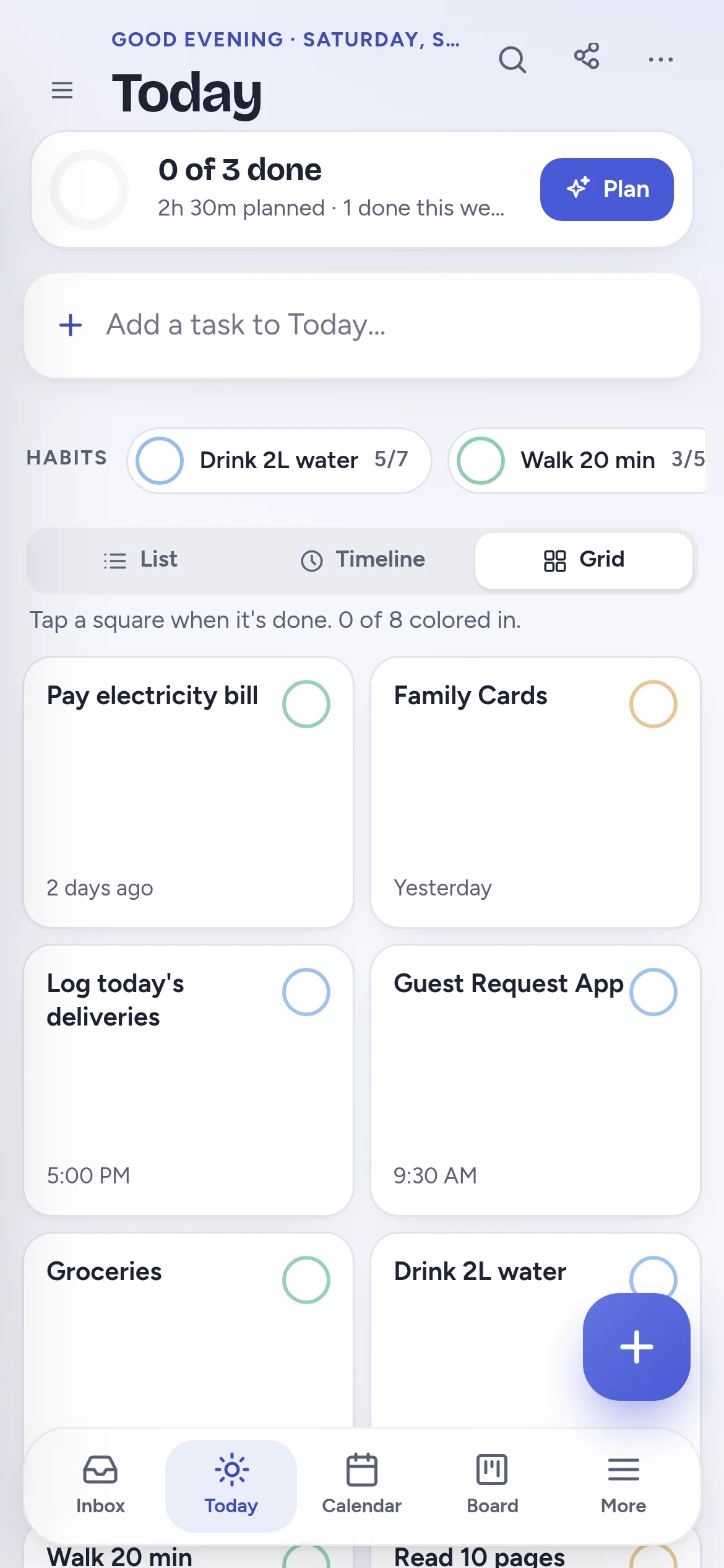 The Today grid on a phone, one square per task