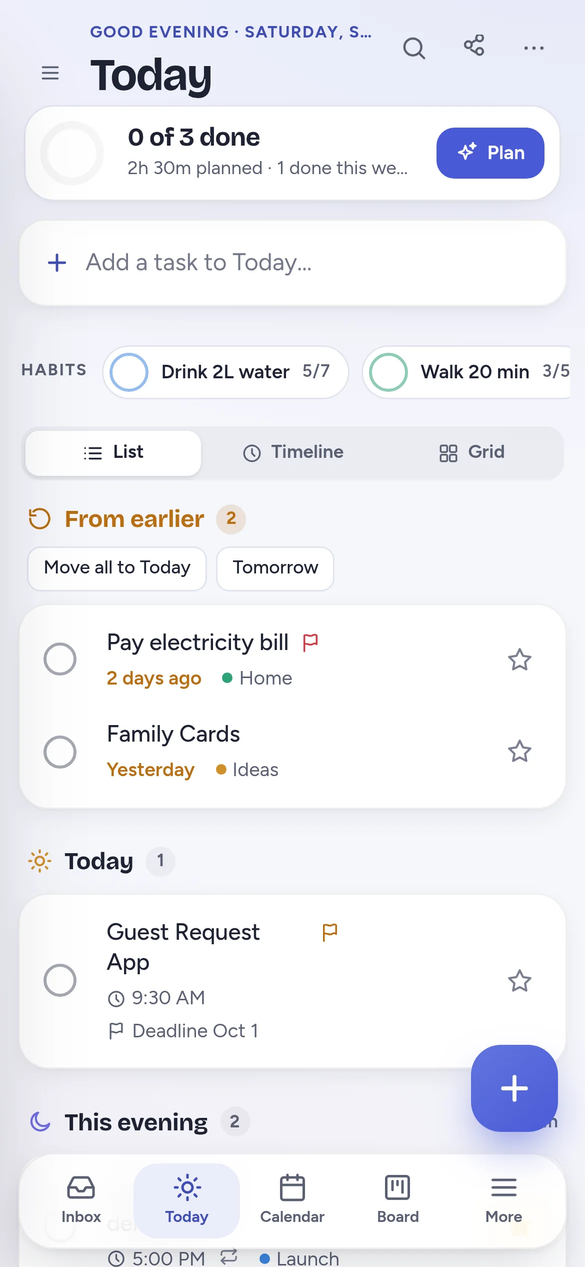 OnlyList Today on a phone, with habits and the List, Timeline and Grid switch