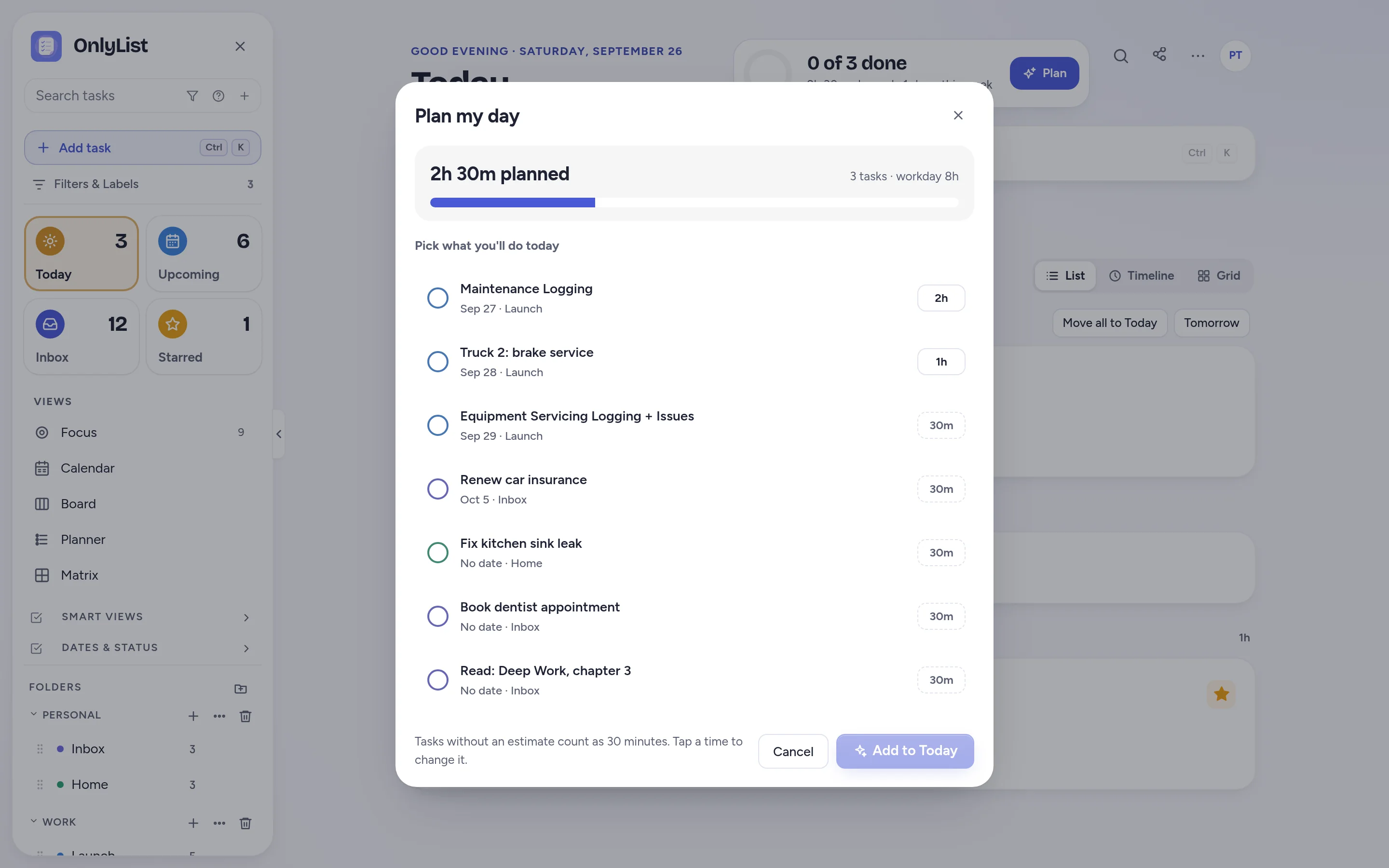 Plan my day dialog showing 2h 30m planned and a list of tasks to pull into today
