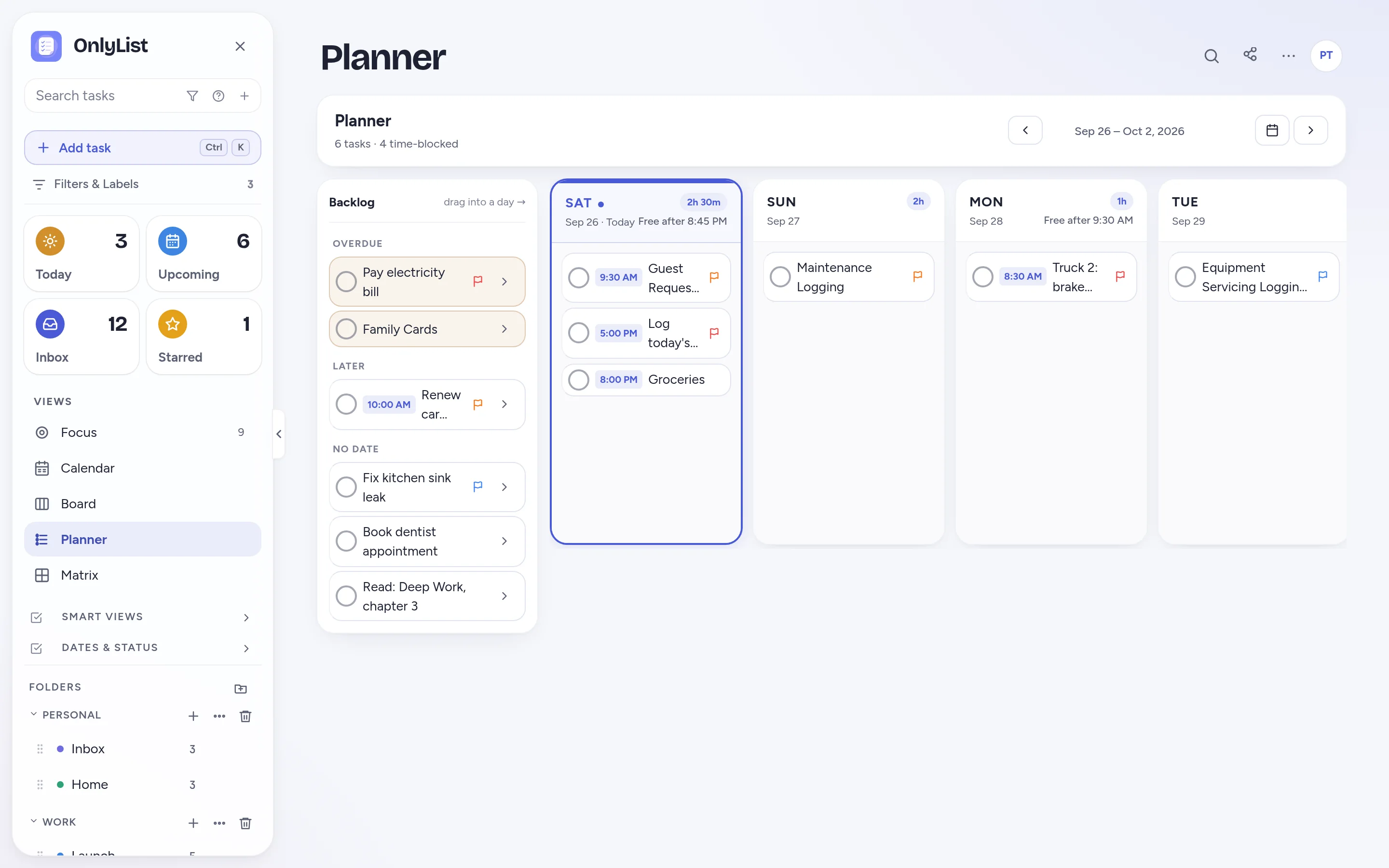 Weekly Planner with a backlog column on the left and one column for each day