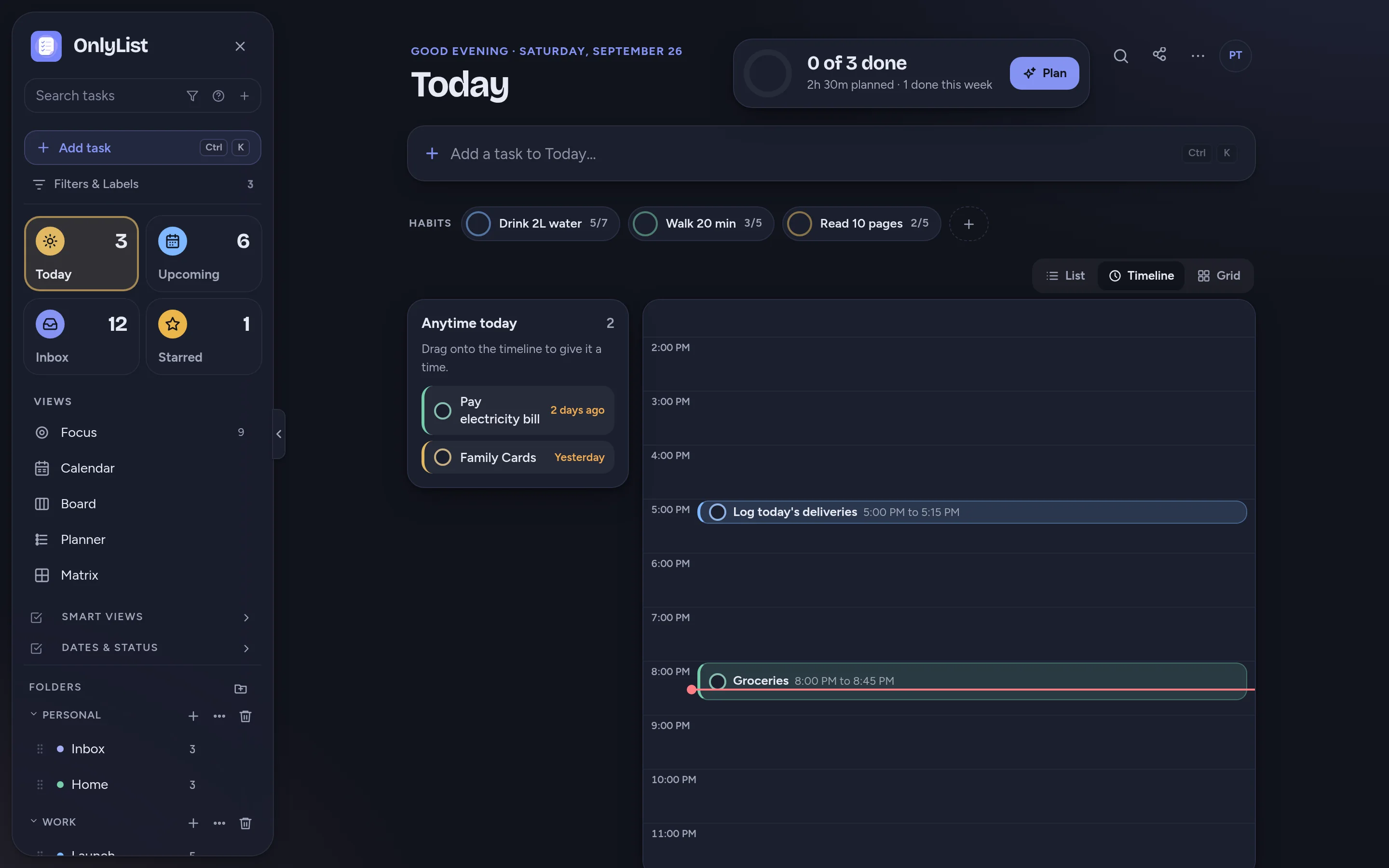 The Today timeline in dark mode