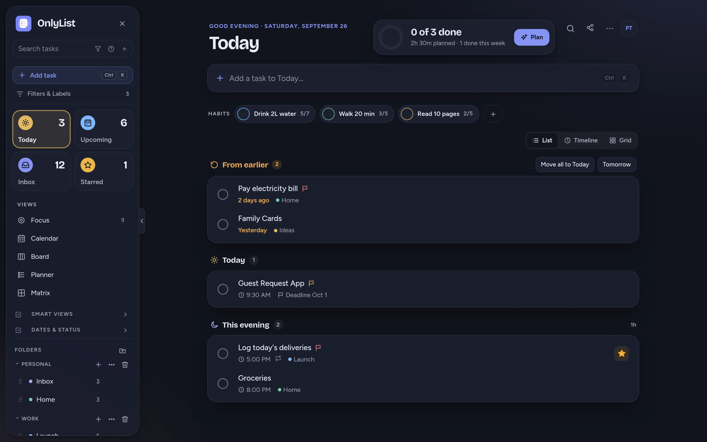 The same Today view in dark mode