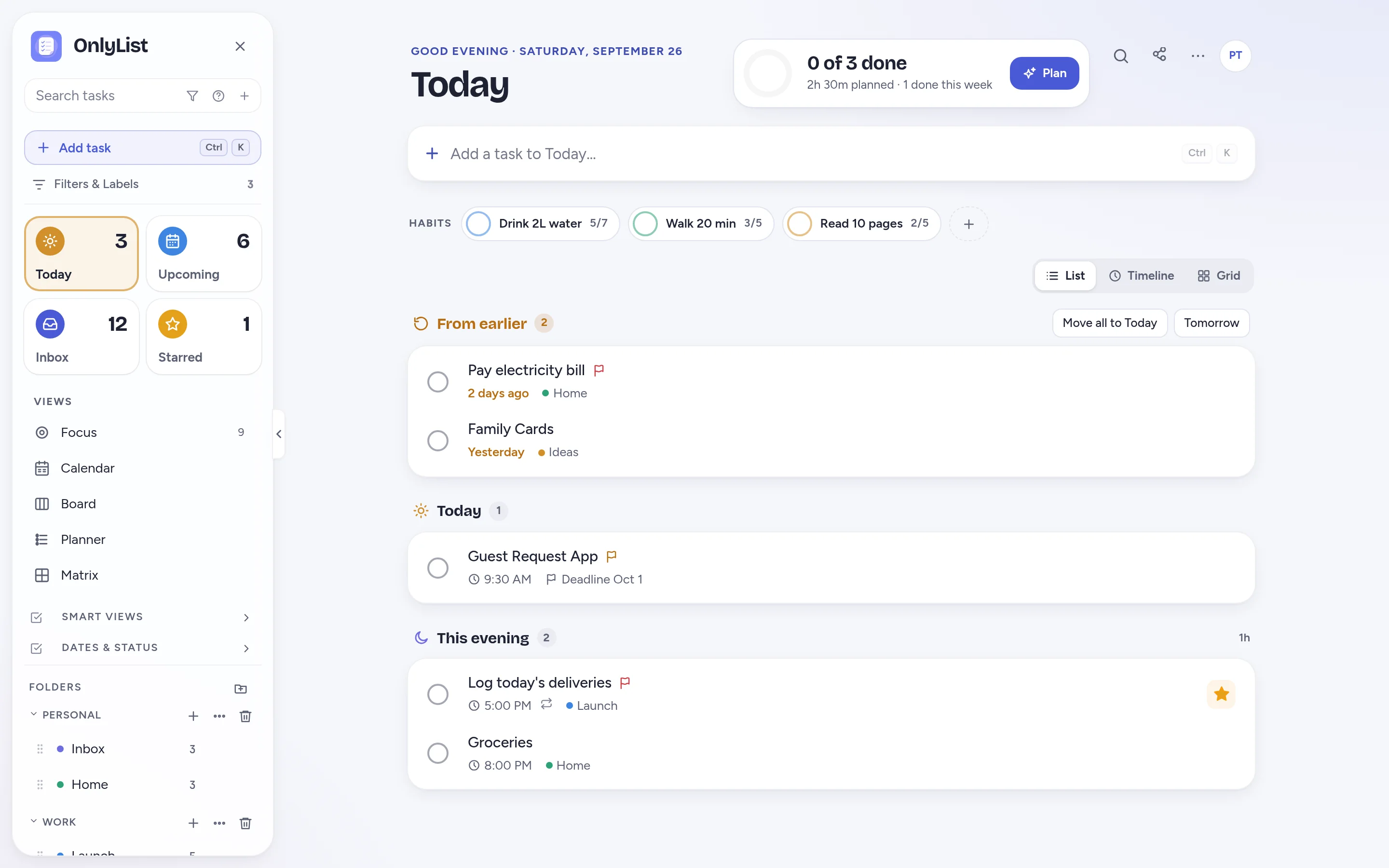 OnlyList Today view in list mode: a From earlier section, today's tasks, This evening, habits and a progress ring