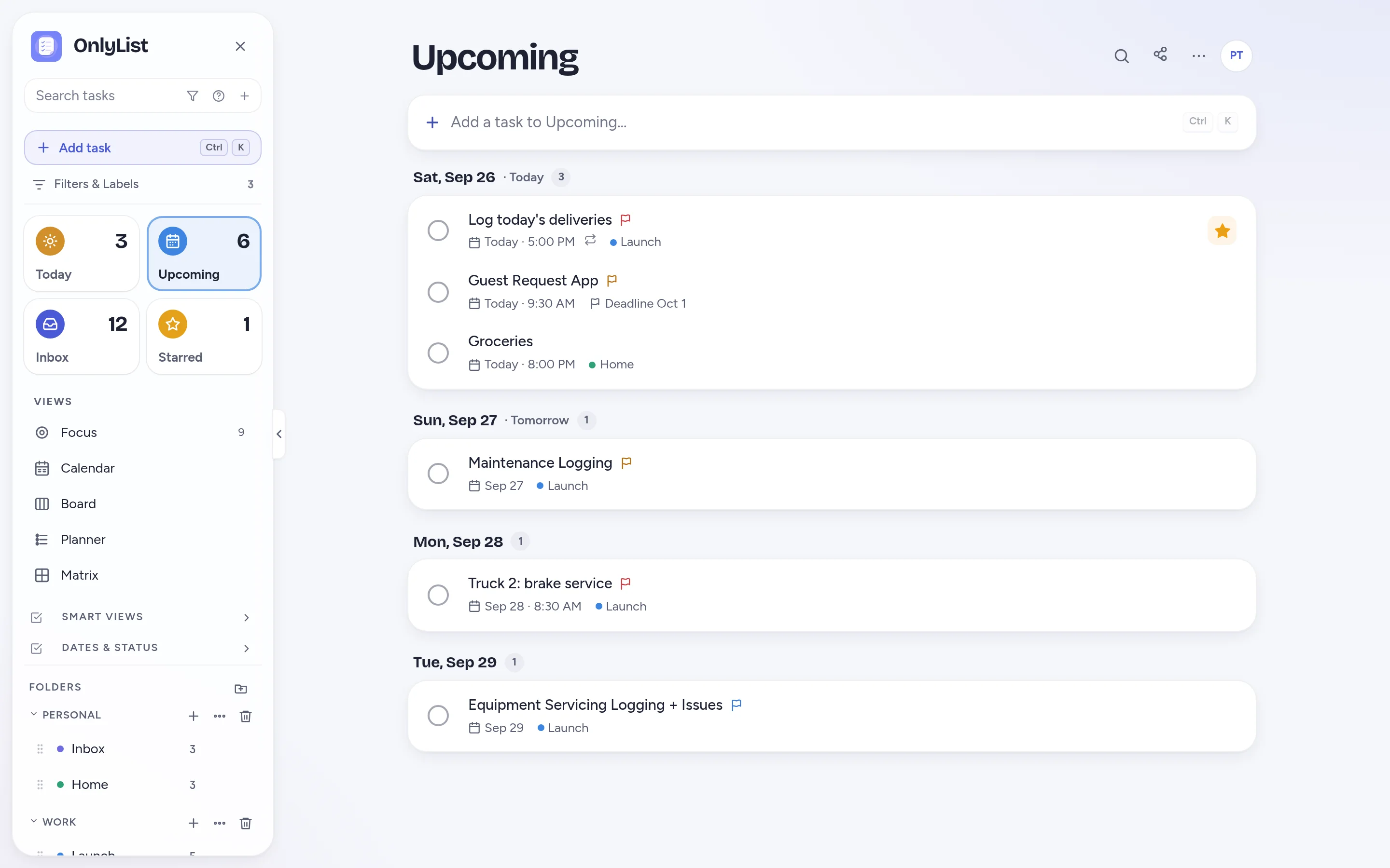 Upcoming view listing the next tasks grouped by day